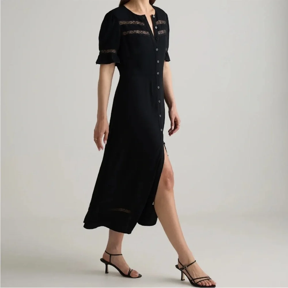 Quince Women Lightweight Crepe Lace Inset Midi Dress Black - Sz Large NWT - Picture 1 of 14